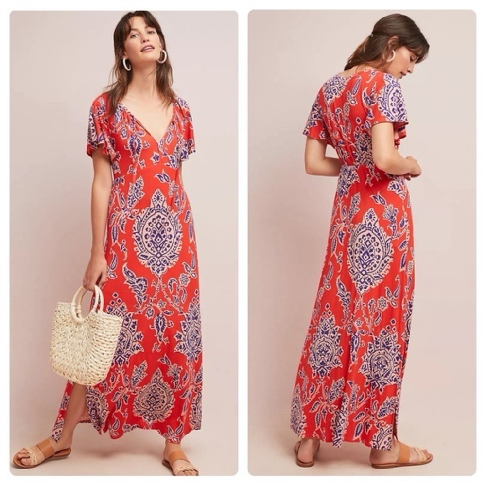 Anthropologie Bohemian Maxi Dress size XS Orange Purple pattern